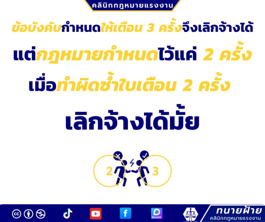 ข้อบังคับบริษัทกำหนดให้เตือนครบ 3 ครั้งจึงเลิกจ้างได้ แต่กฎหมายแรงงานกำหนดไว้แค่ 2 ครั้ง นายจ้างจึงเลิกจ้างเมื่อทำผิดซ้ำใบเตือน 2 ครั้ง ทำได้จริงหรอ?