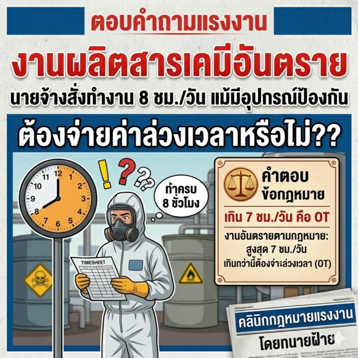 งานผลิตสารเคมีอันตราย ถ้าหากมีอุปกรณ์ป้องกันแล้ว นายจ้างสั่งให้ลูกจ้างทำงาน 8 ชั่วโมง/วัน ลูกจ้างจะต้องได้รับค่าล่วงเวลาหรือไม่