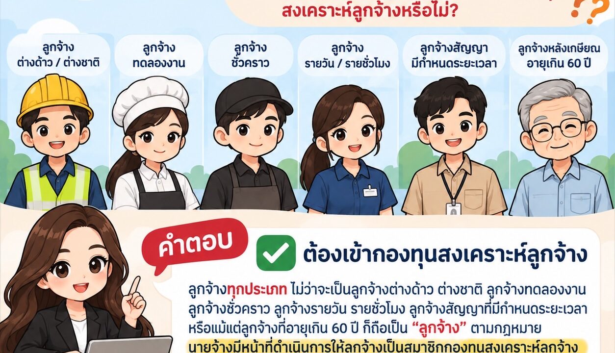 (กรณีไม่ได้เป็นสมาชิกกองทุนสำรองเลี้ยงชีพ) ลูกจ้างต่างด้าว ต่างชาติ ลูกจ้างทดลองงาน ลูกจ้างชั่วคราว ลูกจ้างรายวัน รายชั่วโมง ลูกจ้างสัญญาที่มีกำหนดระยะเวลา การจ้างงานหลังเกษียณ/อายุเกิน 60 ปี ต้องเข้ากองทุนสงเคราะห์ลูกจ้างหรือไม่